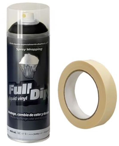 AutoFullCar - Pack Full Dip Vinilo Líquido - 1 Spray Full Dip Negro Mate 400 ml + 1 Rollo Cinta Carrocero 24 mm. - Ideal Para Pintar Logos, Insignias, Las 2 Carcasas De Los Retrovisores, etc...