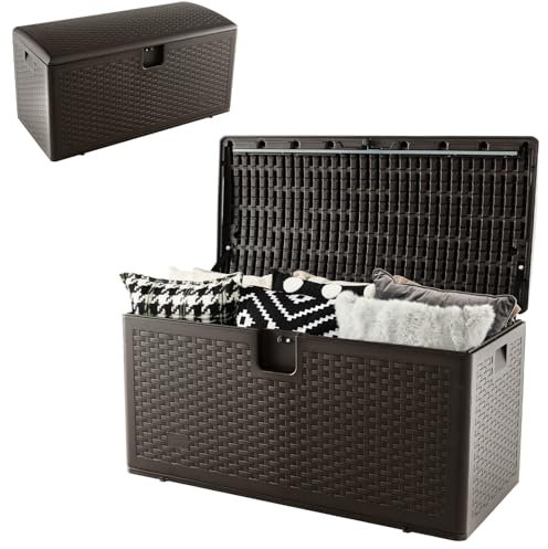 HOMASIS 276L Auflagenbox wetterfest, Gartenbox aus HDPE-Rattan, Aufbewahrungsbox mit Deckel & Griffen, abschließbar Gartenschrank, Kissenbox Auflagentruhe Gartentruhe Outdoor, 114 x 54 x 56 cm, Braun