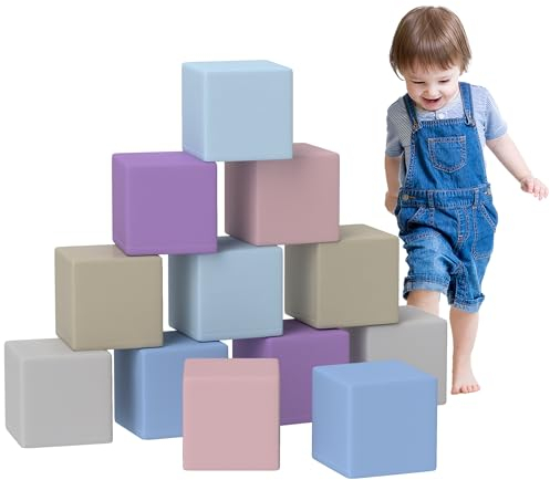 HOMCOM 12 TLG. Schaumstoff Bausteine Kinder Softbausteine Riesenbausteine Bauspielzeug für 1-3 Jahre alt Kinder Bausteinset Hellgrau+Rosa