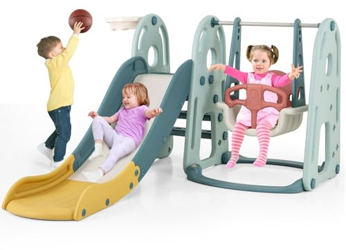 COSTWAY Kinderschaukel mit Rutsche, höhenverstellbarer Sitz, 4 in 1 Schaukel & Rutsche & Basketballkorb & Leiter, inkl. Ball & Pumpe, Kinder Spielplatz Indoor Outdoor, für Kinder ab 18 Monaten
