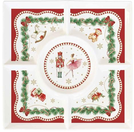 Easy Life Quadratisches Weihnachtstablett aus Porzellan mit Nussknacker-Soldat und Ballerina, „Magie de Noel“ 25x25 cm