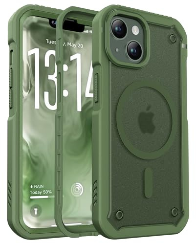 ORETECH Magnética Mate para Funda iPhone 13 6,1, Verde Negro | 2X Protector de Pantalla, con Mag-Safe, Protección de Cuerpo Completo 360 Grado Antigolpes Translúcido Carcasa para iPhone 13