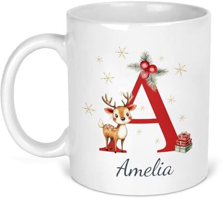 Personalised Christmas Mug with Initial & Name - Custom Festive Coffee & Hot Chocolate Mug - Perfect Xmas Gift for Christmas Eve Box, Secret Santa Present, Family, Friends, Kids, Mum & Dad (Reindeer)
