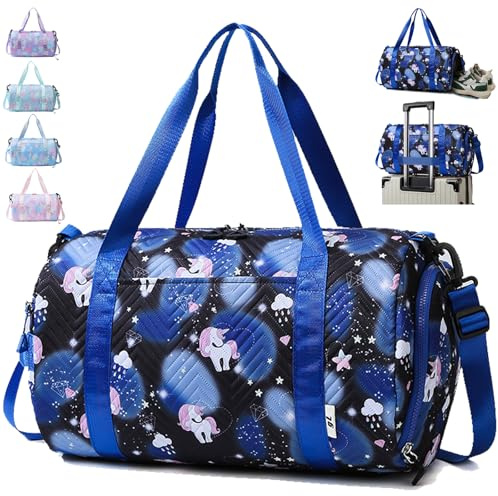AUNGKWANG Einhorn Yogatasche, Sporttasche Mädchen, Wasserdicht Turnbeutel, Reisetasche Kinder, Gym Bag, Schwimmtasche, Sportrucksack, Trainingstasche mit Schuhfach & Nassfach (Schwarz)