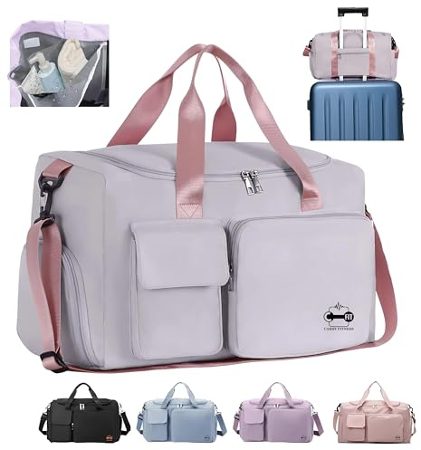 CarryFitness® Sports Gym Bag Duffle Bag with Shoes Compartment, Waterproof Weekend Bags for Women and Men, Hand Luggage Bag, Lightweight Holdall Hospital Overnight Bag - Gray Pink 37L