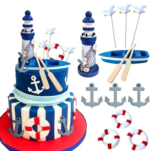 LaVenty Nautical Cake Decoration Baby Shower Maritime Cake Decoration Life Ring Ship Decoration Ship Anchor Cake Decoration Beach Cake Topper Wedding Bachelorette Engagement Party Accessories