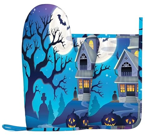 Halloween-Thema, Ofenhandschuhe und Topflappen-Sets, Fledermäuse fliegen lustig im Cartoon-Stil, hitzebeständiges Silikon-Küchenhandschuh-Set zum Grillen und Backen, Orange, rechte Hand