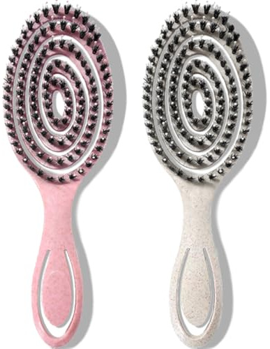 VEROA Wildschweinborsten Bürste Bio Haarbürste Ohne Ziepen - Einzigartige Federspirale Haarbürste Wildschweinborsten Damen Bürste - Perfekt für Nasse&Trockene Haare & Alle Haartypen(Rosa/Beige)