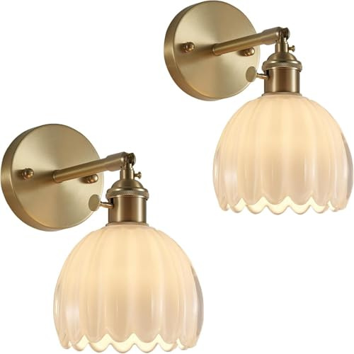 Générique Applique Murale en Verre Fleur Vintage Laiton Doré avec Interrupteur Lampe Murale E27 Luminaire Murale Intérieur Applique pour Salle de Bain (blanc, 2 PCS)