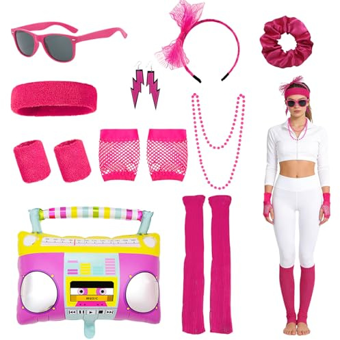 exatta 80er 90er Jahre Outfit Accessoires Set für Damen Retro Party Kostüm Zubehör in Pink für Mottoparty & Karneval Komplettset für 80s 90s Disco und Faschingskostüm