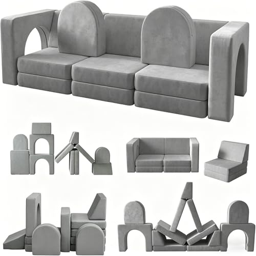 Wumagin Spielsofa für Kinder 13-teilig, Modulares Kindersofa für Spielzimmer, 13-in-1 Multifunktionssofa zum Spielen, Kreativsein und Schlafen, Indoor-Kindercouch für Jungen und Mädchen (Grau)