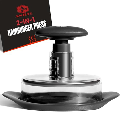 ANJUKE Burger Press, 6.4 inch Round Burger Smasher, 2 in 1 Non-Stick Burger Press Patty Maker for Making 1/2 lb and 1/4 lb BBQ Baking Stuffed Burgers Beef Burger(Black)