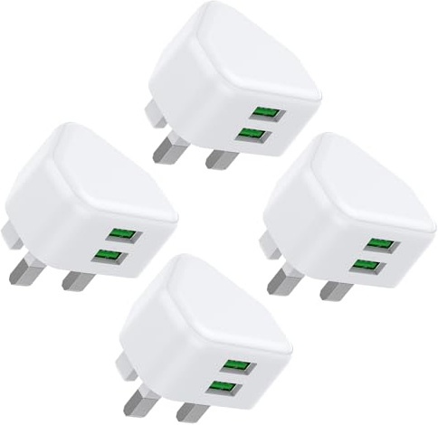 USB Plug, USB Charger Plug UK 4Pack Charging Plugs with USB Port 3 Pin Mains Charge Head 10.5W 5V 2.1AMP for iPhone Apple 14 13 12 11 SE XS XR X 8 7 6 5 iPad Watch Airpods, Android Phone