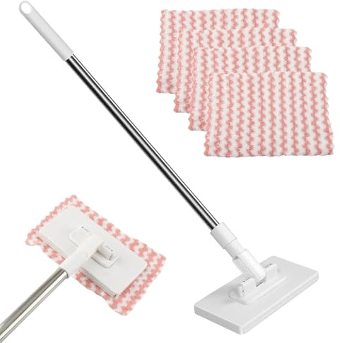 Wellrun Hands-Free Automatic Cloth Changing Mini Mop with 360° Rotating Head,Snap Grip Lazy Mop with 5 Reusable Cloths,Long Handle Stick for Floors,Walls,Cabinets,Kitchen,Bathroom Cleaning