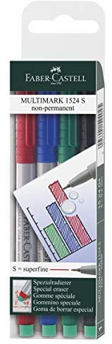 FABER-CASTELL 152404 - Marker Multimark non-permanent, Stärke S, 4er Etui, Inhalt je 1x rot, blau, grün, schwarz