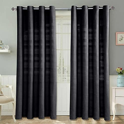 HOMESCAPES Black Rajput Eyelet Curtain Pair 167cm (66) Wide x 228cm (90) Drop 100% Cotton Ring Top Plain Curtains