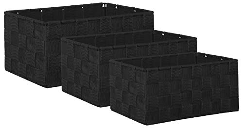 Brandsseller 3er Set Aufbewahrungsboxen - 22x15x11 cm, 21x13x9,5 cm, 19x11x8,5 cm – eckige Regalkörbe ohne Deckel – Rattanoptik, geflochten mit Metallrahmen – Schwarz