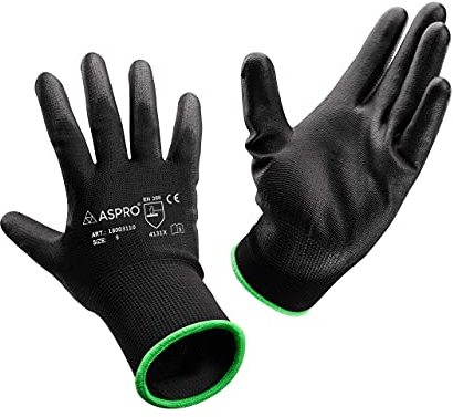 ASPRO 30 Paires de Gants Jardinage et Travail – Gants de Travail Noirs en Nylon Enduit de PU pour Construction, Jardinage, Mécanique, Manutention etc. – Gants de Manutention, taille 9 (L)