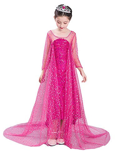 Lito Angels Costume da Regina Elsa per Bambina, Vestito di Paillettes Rosa Caldo con Strascico da Regno di Ghiaccio, Taglia 5-6 Anni