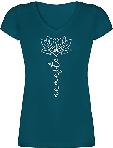 T-Shirt Damen V Ausschnitt - und Wellness Geschenk - Namaste Lotusblüte Yoga Chakra - L - Türkis - yogashirth yogashirt Meditation Joga Shirts yogashirts yogashirtsdamen spirituelle Blume Shirt