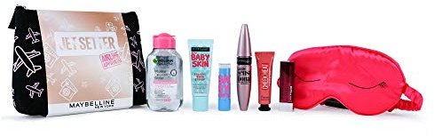 Maybelline Makeup Geschenkset, Jet Setter: Primer, Mascara, Lippenstift, Rouge & Mizellenwasser, Weihnachtsgeschenkset, Reise-Set für Sie, 5021044129040