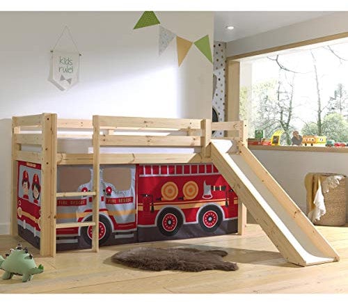 Vipack Lit Mi-Hauteur 90x200 Toboggan sommier Inclus Housse Pompier Pino - Bois