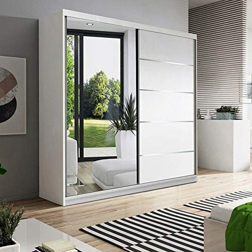 Modern Sliding Door Wardrobe with Built in Mirror for Bedroom or Living Room (150cm Wide) - Matt White & Matt White