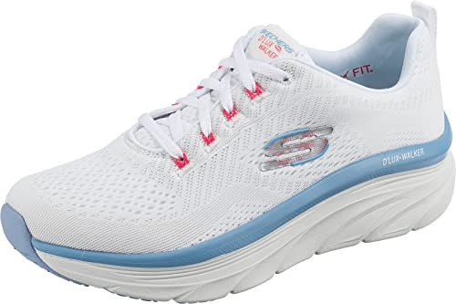 Skechers Femme D'lux Walker Fresh Finesse Basket, Maille Blanche, Bordure Rose et Bleue, 37 EU
