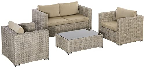 Outsunny 4-TLG. Polyrattan Gartenmöbel Set Gartengarnitur Garten-Set Sitzgruppe Loungeset Loungemöbel mit Couchtisch Sitzkissen Khaki+Beige