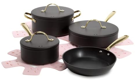Paris Hilton Iconic Antihaft-Töpfe und Pfannenset, mehrschichtige Antihaftbeschichtung, passende Deckel mit goldenen Griffen, hergestellt ohne PFOA, spülmaschinenfestes Kochgeschirr-Set, 10-teilig,