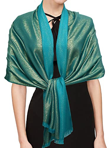 Gragengs Funken Metallic Pashmina Schals und Stola für Damen, Lange Party Tücher Einheitliche Farbe Zwei Töne,Teal/Gold