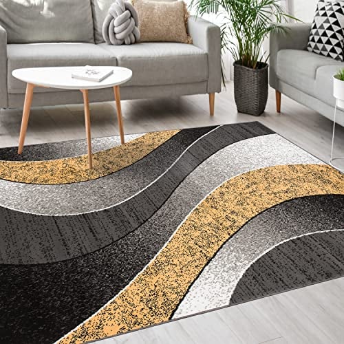 Mazovia Modern Teppich - Kurzflor - Teppich für Wohnzimmer, Schlafzimmer, Esszimmer - ÖKO-TEX Wohnzimmerteppich, Robust und pflegeleicht, Niedrige Florhöhe – Teppiche - grau gelb 200 x 300 cm