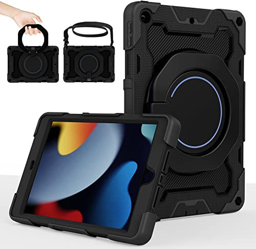 ROISKIN Kids Case for iPad 9th 8th 7th Generation 10.2 Inch (2021/2020/2019),Heavy Duty Shockproof Cover with Screen Protector & Rotating Stand & Shoulder Strap & Pencil Holder,Black