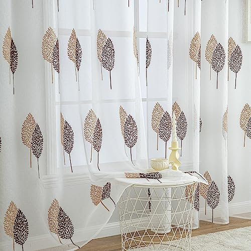 MIULEE Kurz Vorhänge Transparent mit Kaffee und Braun Blätter Muster, Modern Stickerei Gardinen Ösen Für Kleines Fenster Kurzgardine, 2er Set Schöne Blätter Muster Vorhang Fenster H 145 x B 140