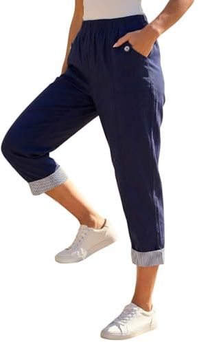 Roman Cropped Stretch Trouser for Women UK - Ladies Capri Pants Summer Leggings 3/4 Three Quarter Pedal Pusher Elasticated Waist Cut Off Contrast Detail Pull On Work
