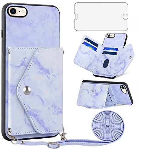 Asuwish Handyhülle für iPhone 7/8/SE 2020 2022 Hülle mit Band und Glas Folie Schutzfolie Klappbar Kette Leder Geldbörse Ständer i SE2020 SE2022 2/2nd 3/3rd Generation 7s 8s 6SE SE2 SE3 Phone Case Blau