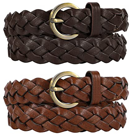 WHIPPY 2er-Pack Geflochtener PU Ledergürtel für Damen Verstellbarer dünner Gewebter Gürtel für Jeans Hosen,braun+dunkler Kaffee 125cm
