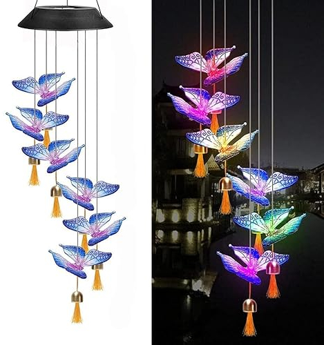 Windspiele für Draußen Solar Windspiele Schmetterlingslichter Farbwechsel Hängende LED Solar Automatische Sensorleuchten Gartenlampe Deko für Garten Rasen Hof Mutter Geschenke Osterdeko