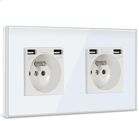 BSEED Double Prise Murale avec 2 Ports USB,16A Prise de Courant Alternatif avec Panneau en Verre,Multiprise Murale Max 2.1A,Convient au Smartphone, à la Tablette (2 Prise avec 2 Ports USB,Blanc)