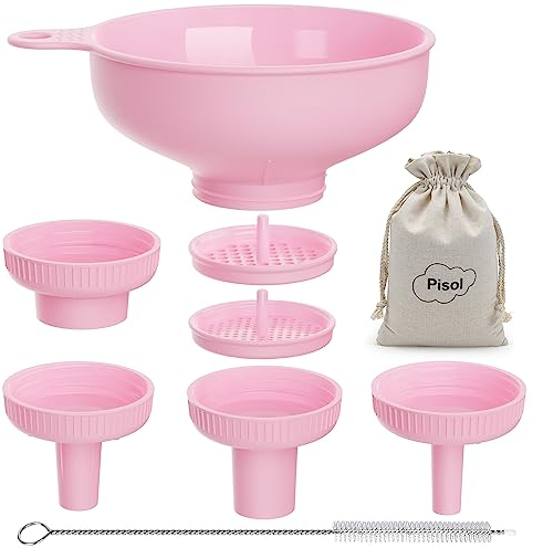 Pisol Wide Mouth Versatile Funnel, Canning Funnels for Kitchen Use, Food Grade Plastic Cooking Funnel Set with 4 Size Spouts and 2 Strainers for Filling Different Bottles and Bags, Pink