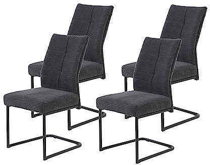 Hela Tische, 4er Set Esszimmerstuhl, Schwingstuhl, XL-Stuhl Dagmar, Cordstoff Breitcord Anthrazit, Metallgestell Schwarz, Federkorb, Griff, 140kg belastbar