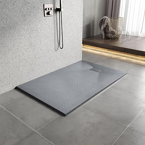 Heilmetz Duschwanne 140x90cm Flach Duschtasse Höhe 2.6 cm Brausewanne Steinoptik Antirutsch SMC Duschtasse, Ø 90mm Ablauföffnung -Grau (ohne Siphon)