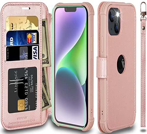 VANAVAGY Compatible with iPhone 13/14 Wallet Case,Rfid Flip Leather Cover with Wrist Supports Wireless Charging with Card Holder,[Glass Screen Protector and Camera Cover],Rose Gold