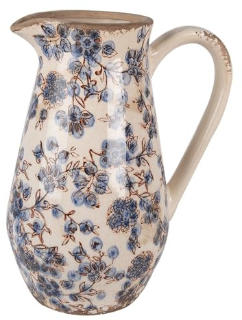 Clayre & Eef Dekorative Kanne 20x14x25 cm Beige Blau Keramik Blumen Krug