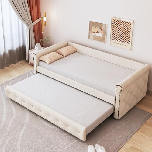 Polsterbett Kinderbett 90x200cm, Ausziehbares Schlafsofa Tagesbett, Couch Tagesbett, Bettcouch Strapazierfähiger Leinenstoff (Beige)