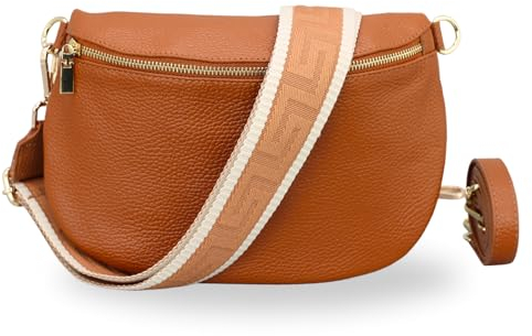 BRISE Bauchtasche Damen Echtleder AFIA Gold Handgemachte Umhängetasche Crossbody Bag mit Ledergurt + Optionalen Breiten Gemusterten Riemen 3 Fächer Hüfttasche Made in Italy (Cognac Braun-Gold 2)
