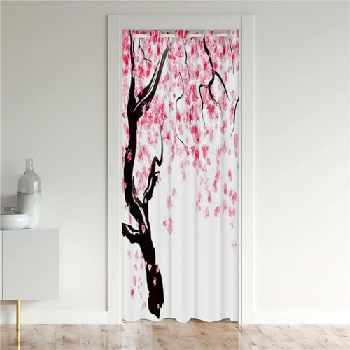 Odot Rideaux de Porte à Oeillets, Motif Arbre Rideau de Porte Interieur Occultant Rideau de Séparation de Pièce Rideau de Porte à Isolation Thermique (120x200cm,Arbre à Fleurs de Cerisier A)