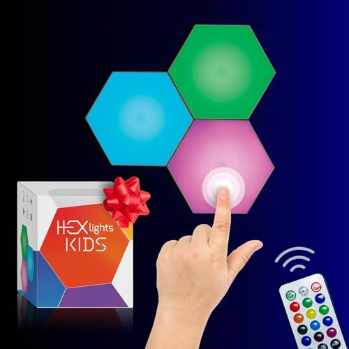 Emberela HEXlights 3-Pack Hexagon Lights, Touch & Remote Controlled RGB Wall Panels, Hexagon LED Lights Panels - Great for Living Room, Bedroom & Game Room Decor - Includes Table Stand