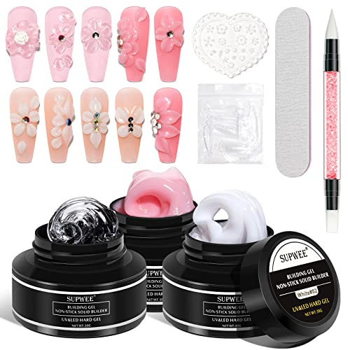 SUPWEE Solid Builder Gel - 3 Colors Clear White Pink 3D Sculpture Gel Carving Patterns Decoration Nail for Nail Extension Gels DIY Nail Art at Home
