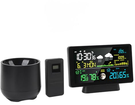 Station Météo, Thermomètre Intérieur et Extérieur sans Fil avec écran Couleur 7,5 Pouces, Prévisions Météorologiques, Température, humidité, Pluviomètre, Horloge Atomique, Alarme